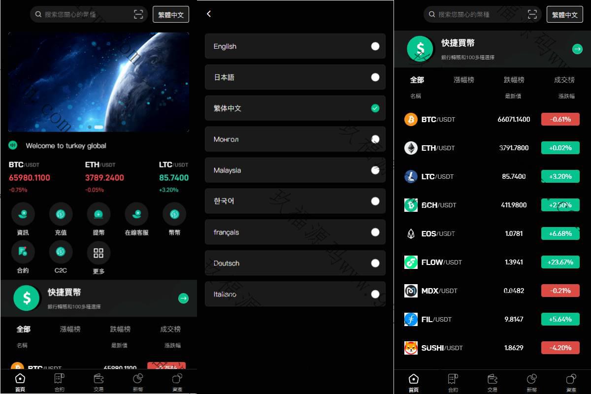 多语言交易所系统/秒合约交易/币币合约/c2c/质押投资